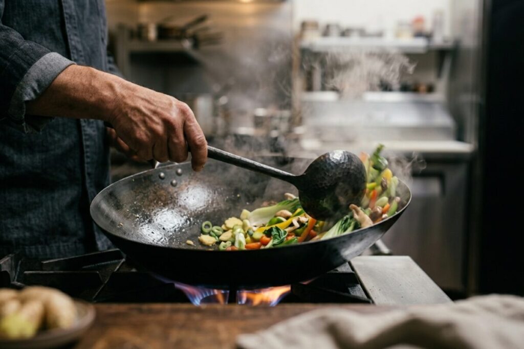 中華鍋でお玉を使い食材を炒めるプロの調理シーン