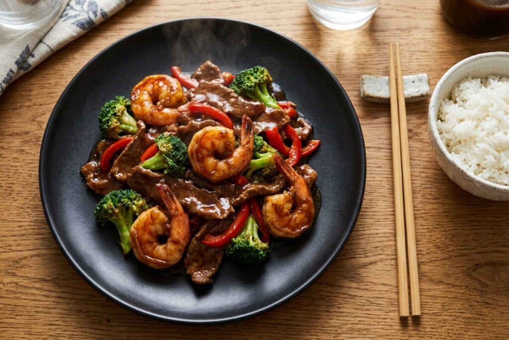 完成したオイスターソース炒めを黒い皿に盛り、白いご飯と箸を添えた俯瞰ショット