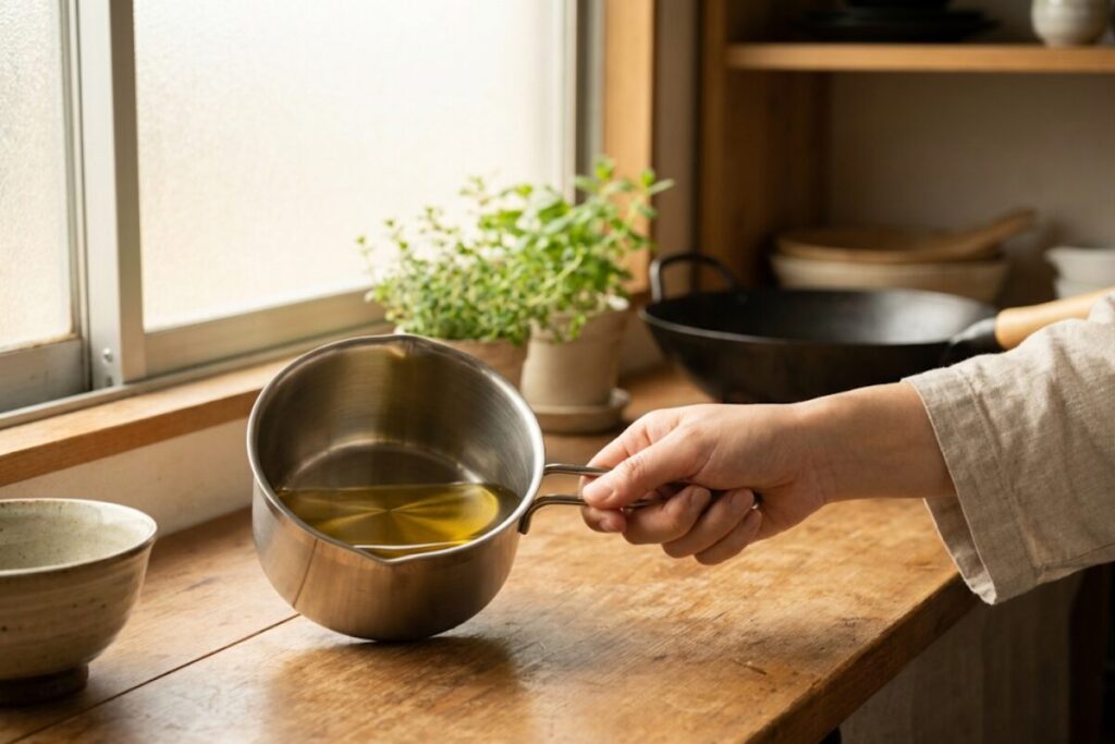 オイルポットに入った揚げ油の色を光にかざして確認している手元