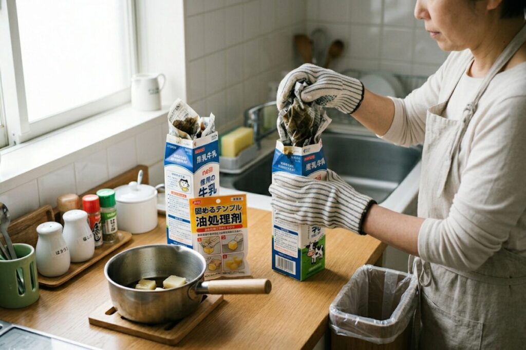 使い終わった揚げ油を牛乳パックに吸わせて廃棄している様子