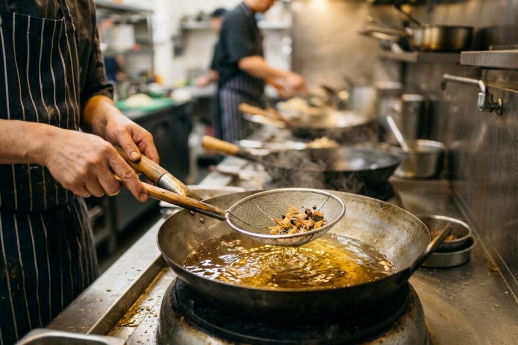 揚げ物中に網じゃくしで揚げカスを取り除いている調理師の手元