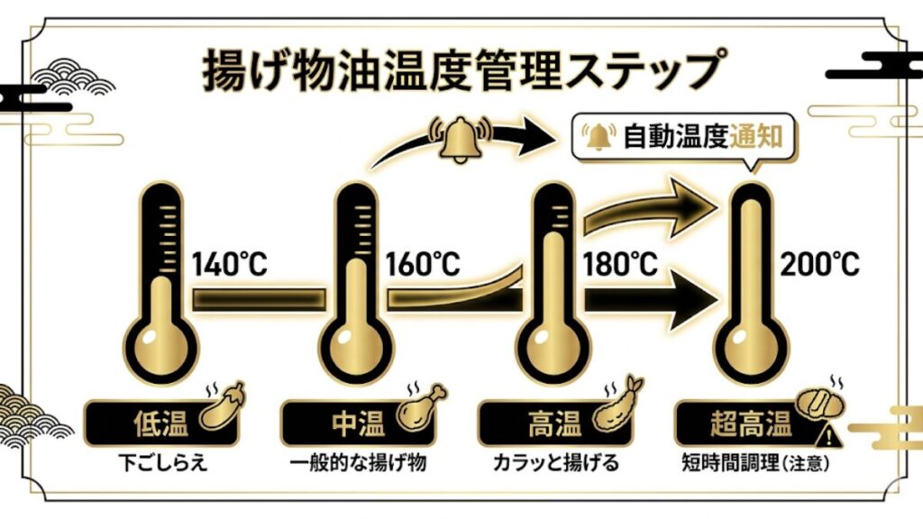 140〜200℃の温度調節機能を図解したインフォグラフィック