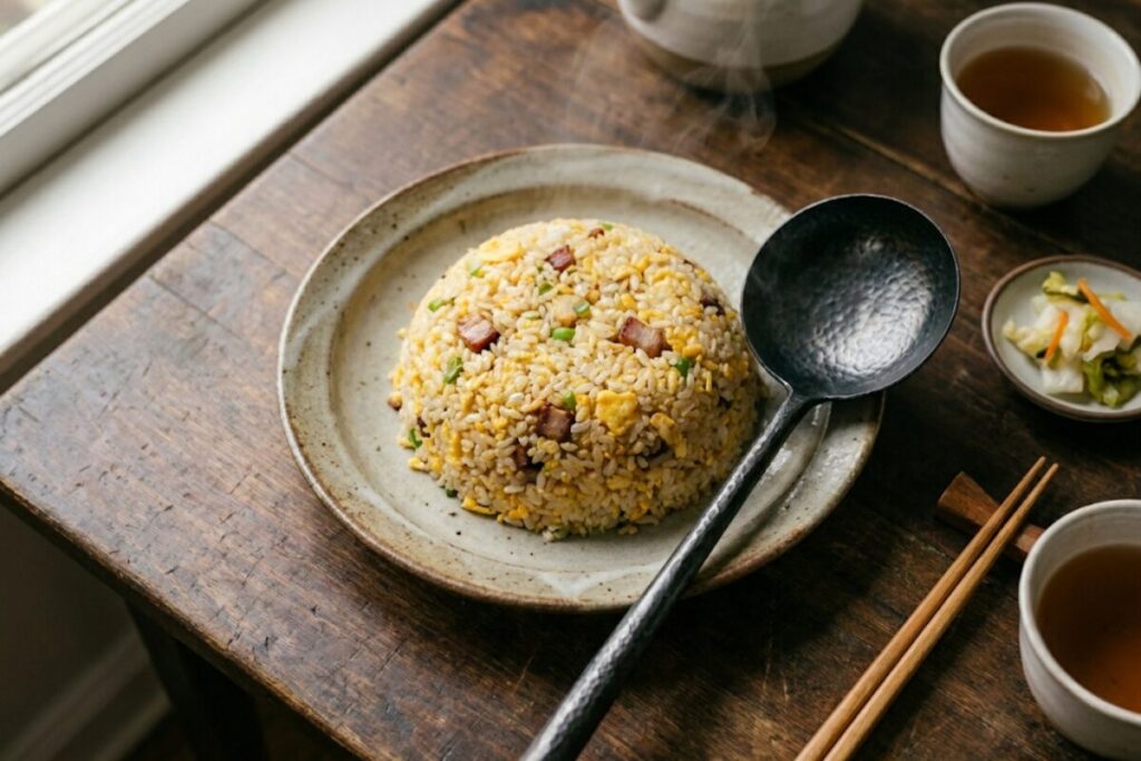 中華お玉で綺麗にドーム型に盛り付けられた本格チャーハンの完成写真