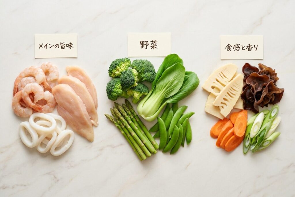 塩炒めに向く食材を3カテゴリ(メインの旨味・野菜・食感と香り)に分けて並べた俯瞰写真
