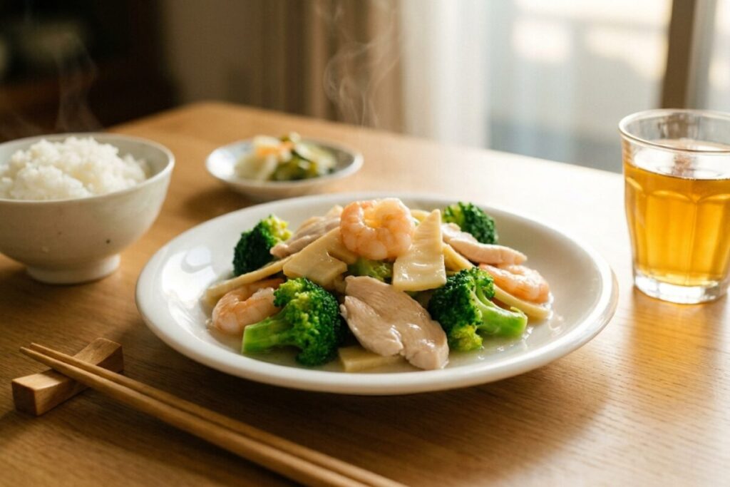 塩炒めが食卓に並んだ完成シーン。白い皿に盛られたツヤツヤの塩炒めと白米、箸が温かみのある食卓に置かれている