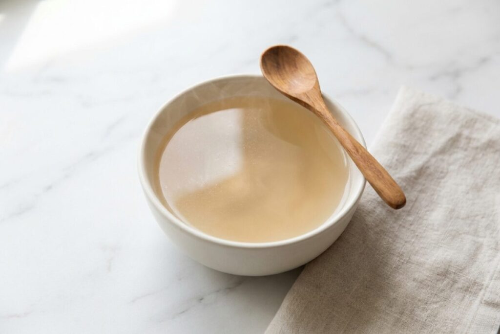 小さな器に入ったひん湯(塩を溶かした鶏ガラスープ)の仕込み済みの状態