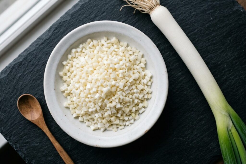 みじん切りにした長ねぎの白い部分（葱花）を小皿に盛り、長ねぎを横に添えた俯瞰写真