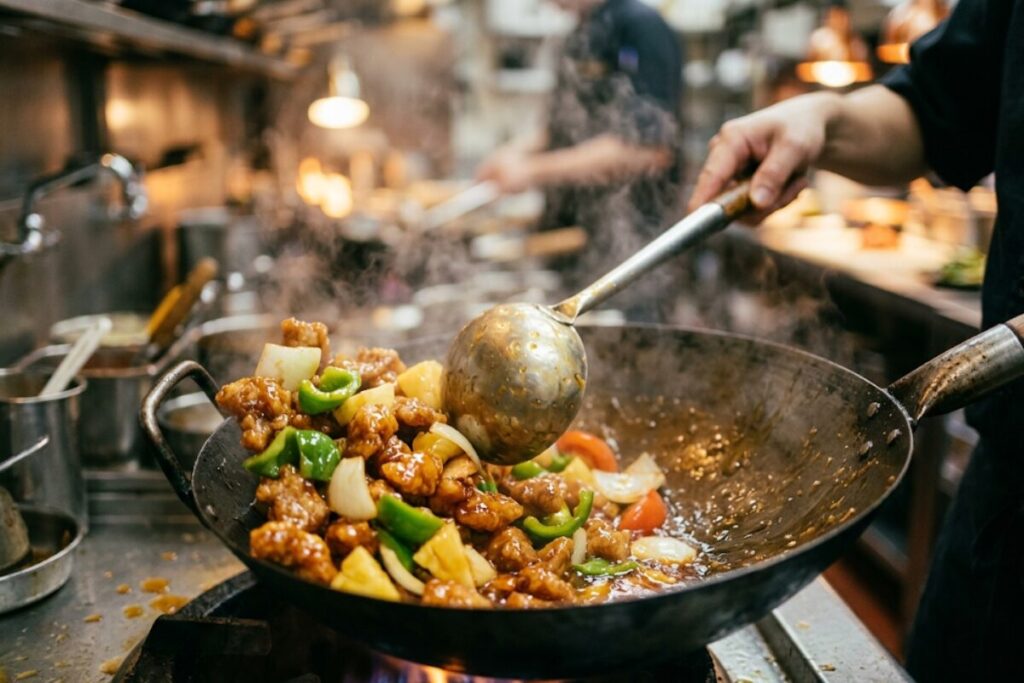 finishing-wok.png中華鍋の中で甘酢あんと具材を絡める仕上げ工程。艶やかなあんがカリッと揚がった豚肉と野菜に絡まっている