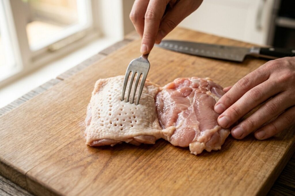 鶏もも肉を観音開きにし、皮目にフォークで穴を開けている様子