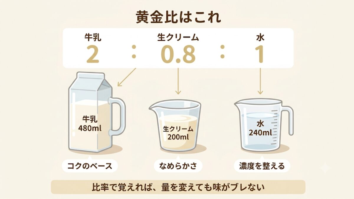 杏仁豆腐の液体の黄金比(牛乳480ml・生クリーム200ml・水240ml)と各素材の役割を示したインフォグラフィック