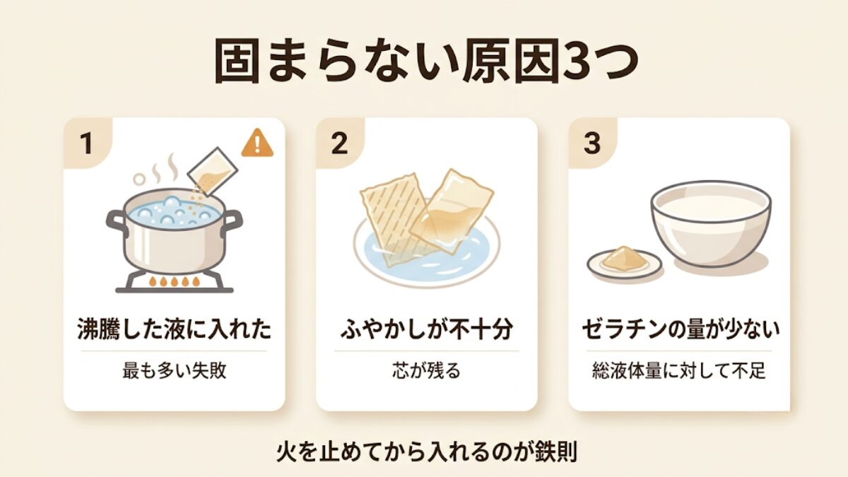 杏仁豆腐が固まらない3つの原因(沸騰した液にゼラチン投入・ふやかし不足・ゼラチン量不足)を図解したインフォグラフィック