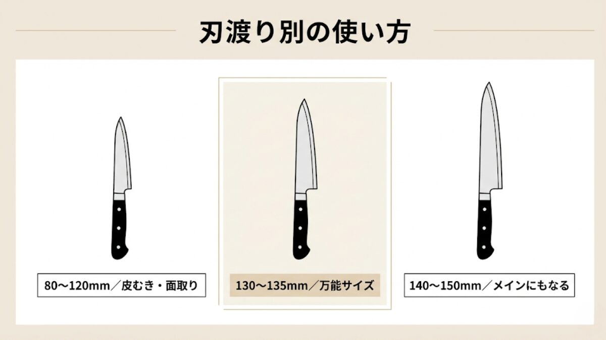 刃渡り別(80〜120mm・130〜135mm・140〜150mm)のペティナイフの使い方を示した早見表
