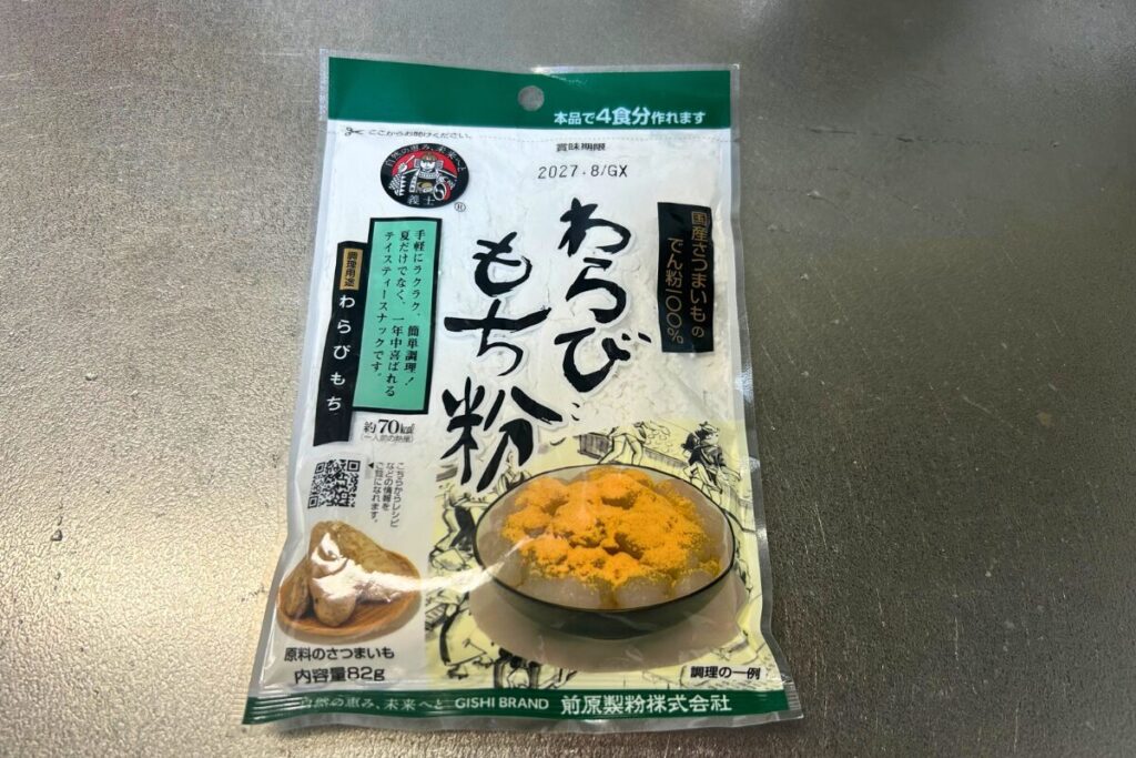 業務スーパーで買える前原製粉のわらび餅粉（82g・国産さつまいもでん粉100%）のパッケージ