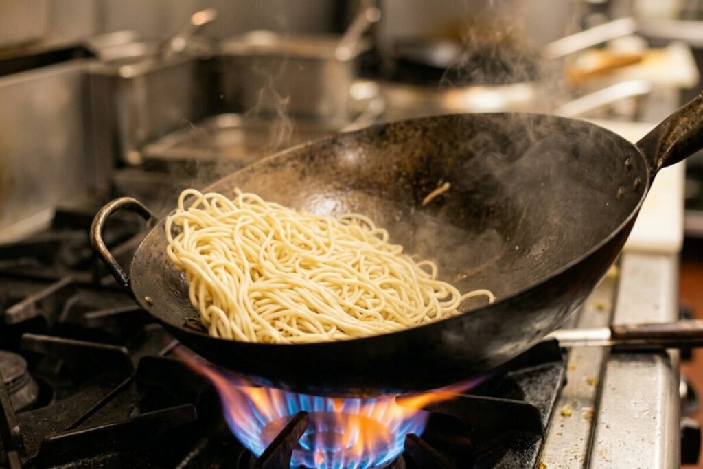 中華鍋を傾けて麺を横に滑らせる動作