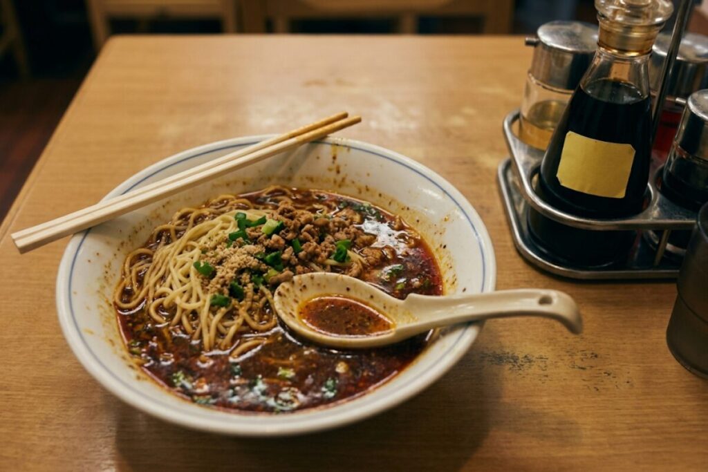 食べ進めた担々麺と、卓上の調味料立てにある黒酢のボトル