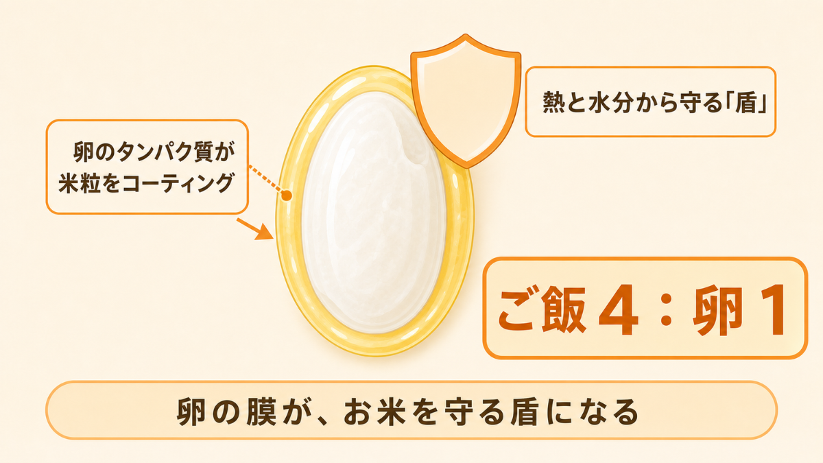 卵のタンパク質が米粒をコーティングし、ご飯4:卵1の黄金比で盾になる仕組みの図解