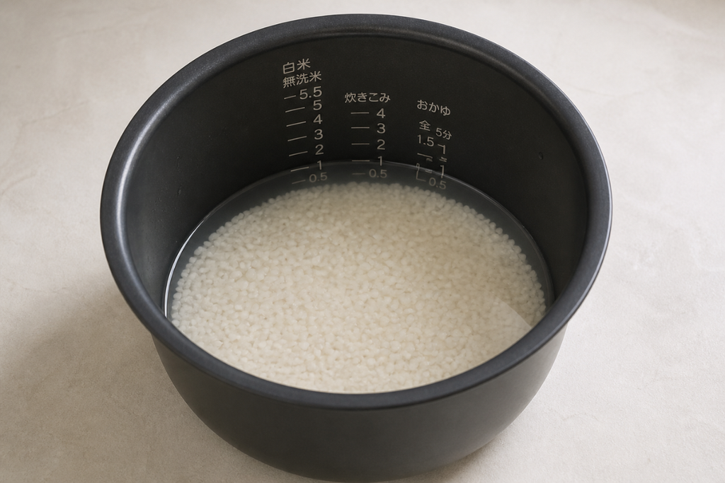 水を通常より少なめに炊いたご飯。炊飯器の目盛りで水加減を確認している様子