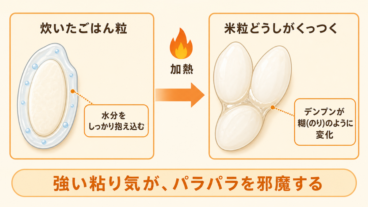日本米が加熱でデンプンが糊状に変化し、米粒どうしがくっつく仕組みの図解