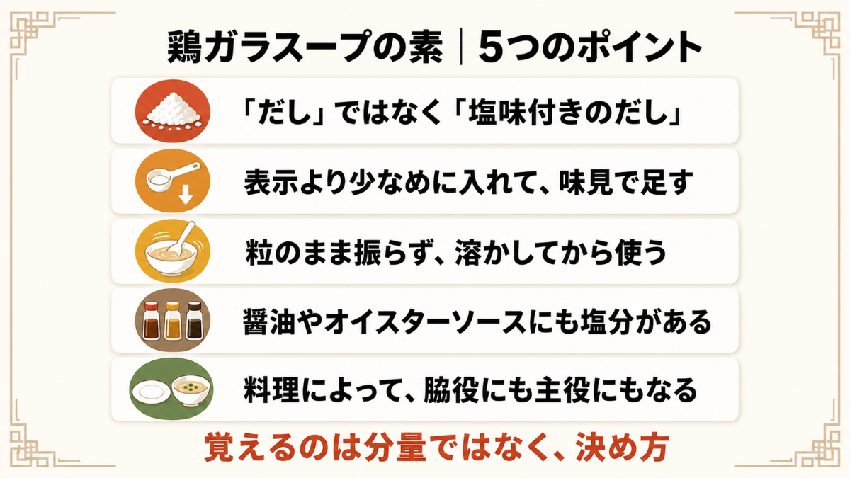 鶏ガラスープの素の使い方で押さえておきたい5つのポイントをまとめたチェックリスト