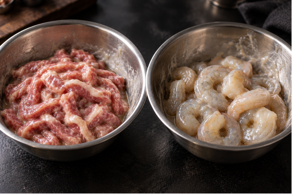 漿（チャン）をかけた豚肉とエビを、それぞれ別のボウルに分けて仕込んでいる様子