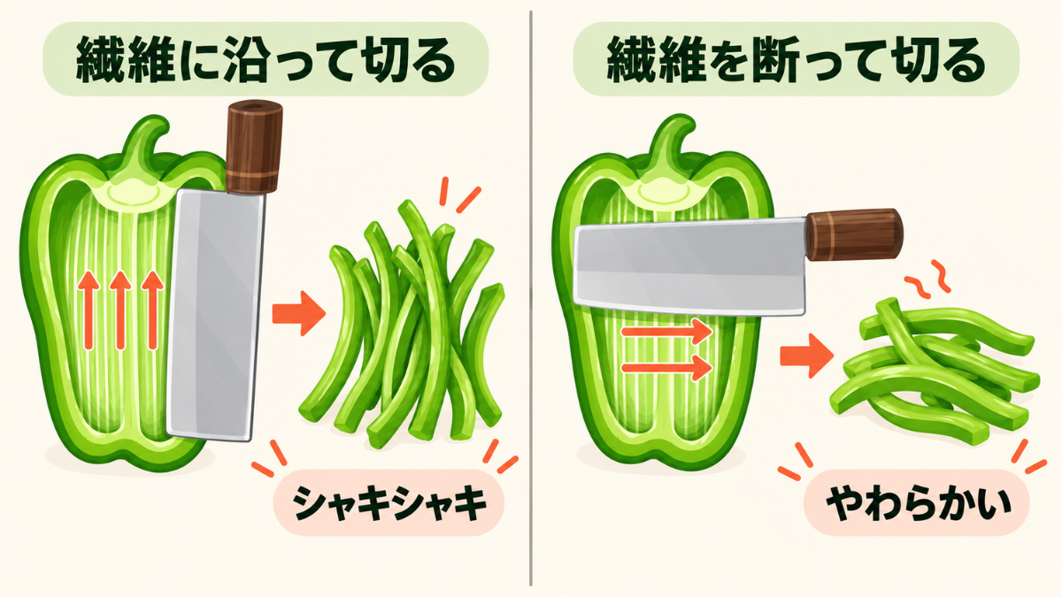 野菜の繊維に沿って切るとシャキシャキ、断って切るとやわらかくなる違いを示した図解