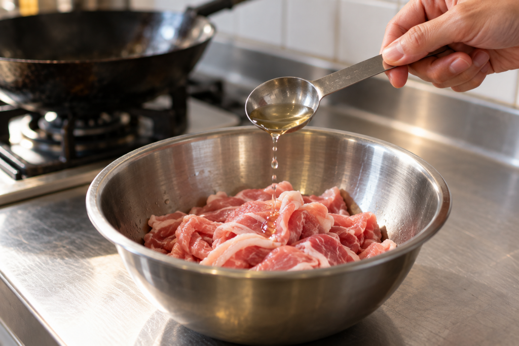 下味づけのため、薄切りの豚肉に大さじで料理酒をふりかける手元