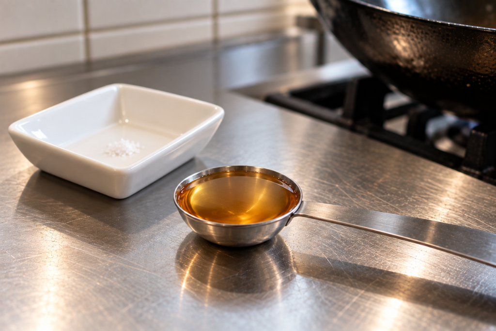 大さじ1に満たした琥珀色の紹興料理酒と、酒に含まれるごく少量の塩をイメージした小皿