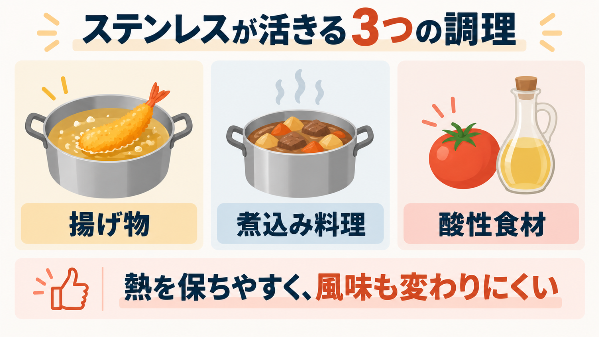ステンレスが向いている3つの調理(揚げ物・煮込み・酸性食材)を示したインフォグラフィック