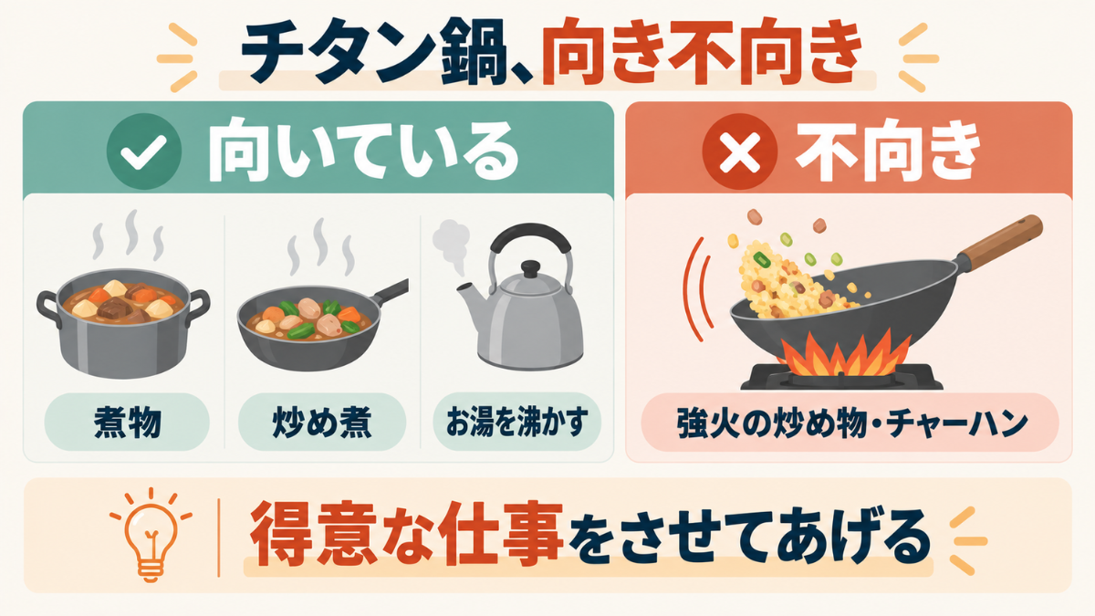 チタン鍋に向いている調理・向いていない調理を示したインフォグラフィック