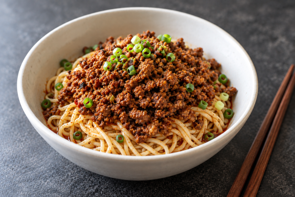 成都の担々麺に、水分を飛ばして赤茶色に仕上げた肉のトッピング「脆臊」をのせたイメージ