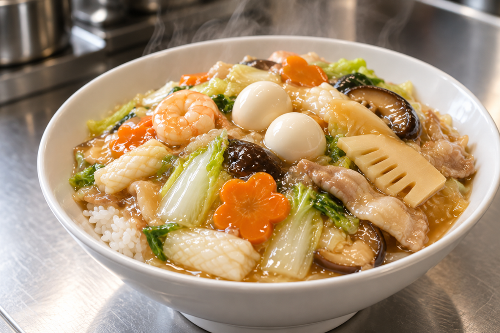 醤油味の八宝菜をご飯にかけた中華丼。仕上げにうずらの卵をのせた一杯。